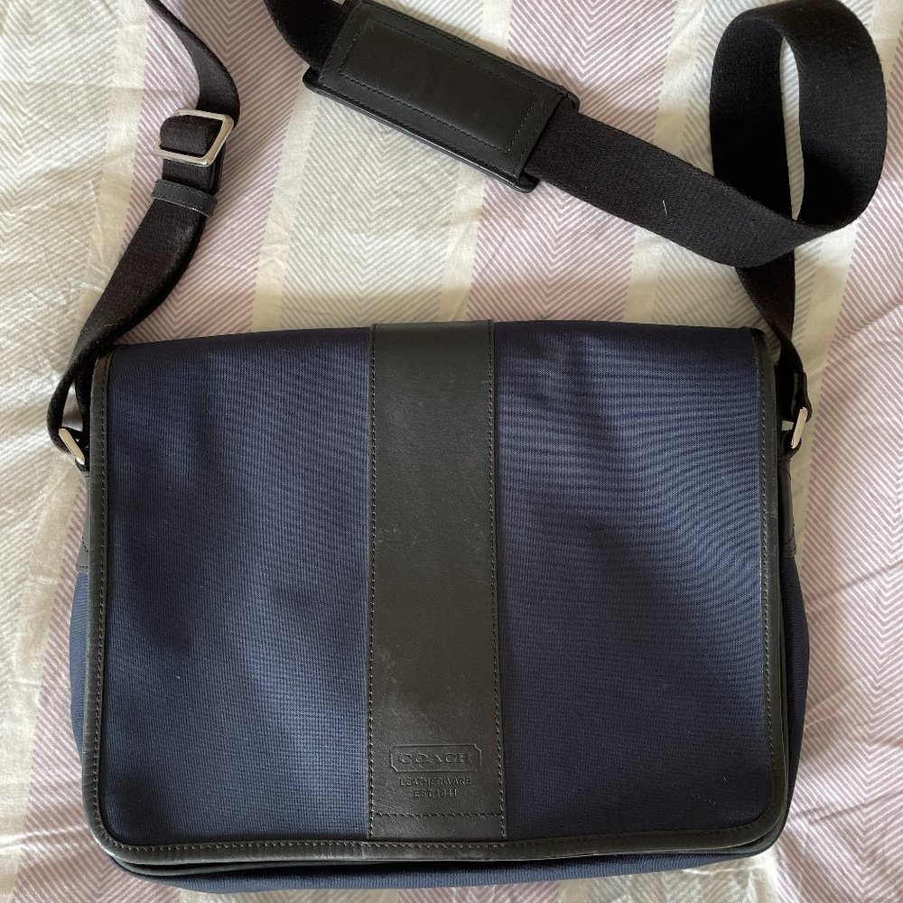 Navy Canvas/Black Leather COACH Messenger Bag - good condition